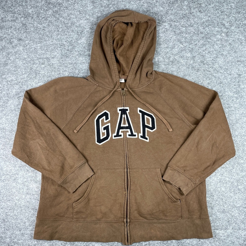 GAP Zip Up Hoodie Womens XL Brown Heritage Chocolate Fleece Applique